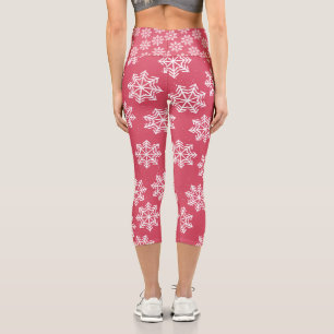 Pink Snowflakes Patterns Festive Frosty Winterland Capri Leggings