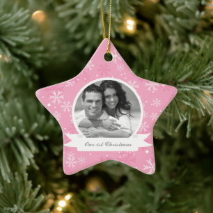Pink Snowflakes Photo Ceramic Tree Decoration
