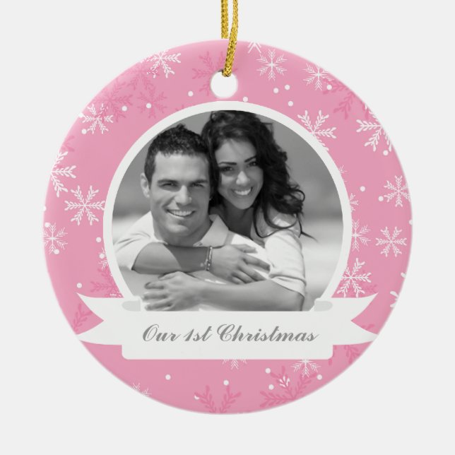 Pink Snowflakes Photo Ceramic Tree Decoration (Front)