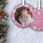 Pink Snowflakes Photo Winter Baptism Thank You Tree Decoration Card<br><div class="desc">Beautiful winter baptism thank you ornaments in pink with snowflakes,  a white cross,  and a photo of your baby.</div>