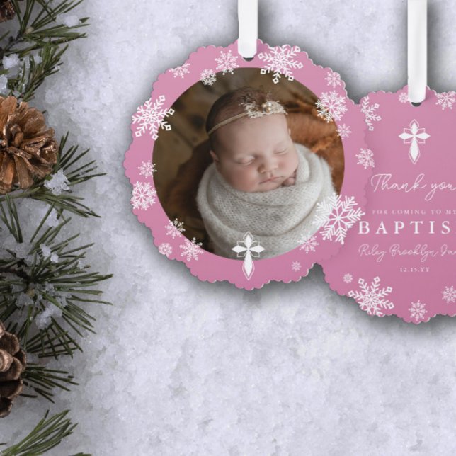 Pink Snowflakes Photo Winter Baptism Thank You Tree Decoration Card (Creator Uploaded)