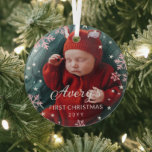 Pink Snowflakes & Stars Baby's 1st Christmas Photo Glass Tree Decoration<br><div class="desc">Beautiful round glass Christmas ornament to celebrate your baby's first Christmas. Add a photo of your baby girl and her name and the year. Pink snowflakes and white stars are printed on your photo to give it a beautifully wintery feel. Snowflake and star themed first Christmas ornament in glass personalised...</div>