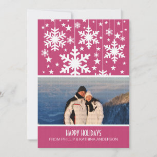 Pink Snowflakes Stars Holiday Photo Flat Card