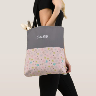 Pink Snowflakes Turquoise Lime Green Grey Name Tote Bag