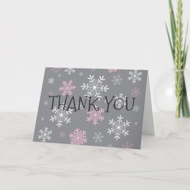 Pink Snowflakes Winter Grey Fold Thank You Card (Front)