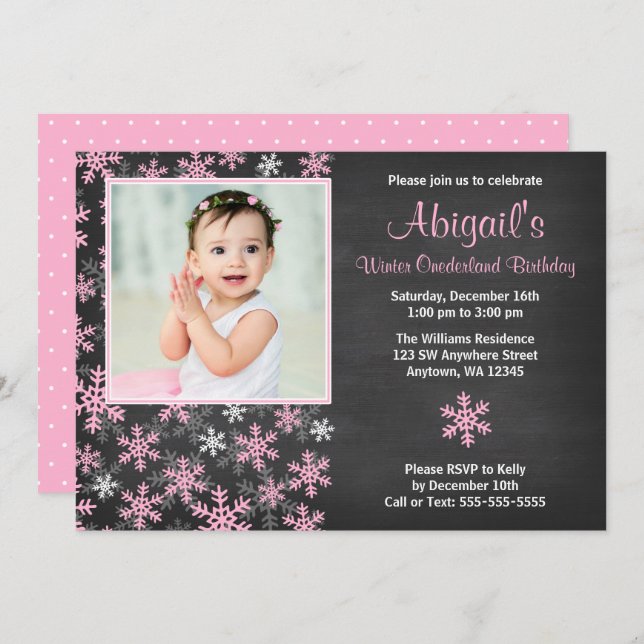 Pink Snowflakes Winter Onederland Chalkboard Photo Invitation (Front/Back)