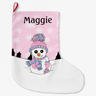 Pink Snowman and Snowflakes Personalised Large Christmas Stocking