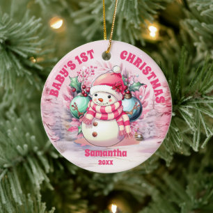Pink Snowman Baby 1st Christmas Photo Ornament