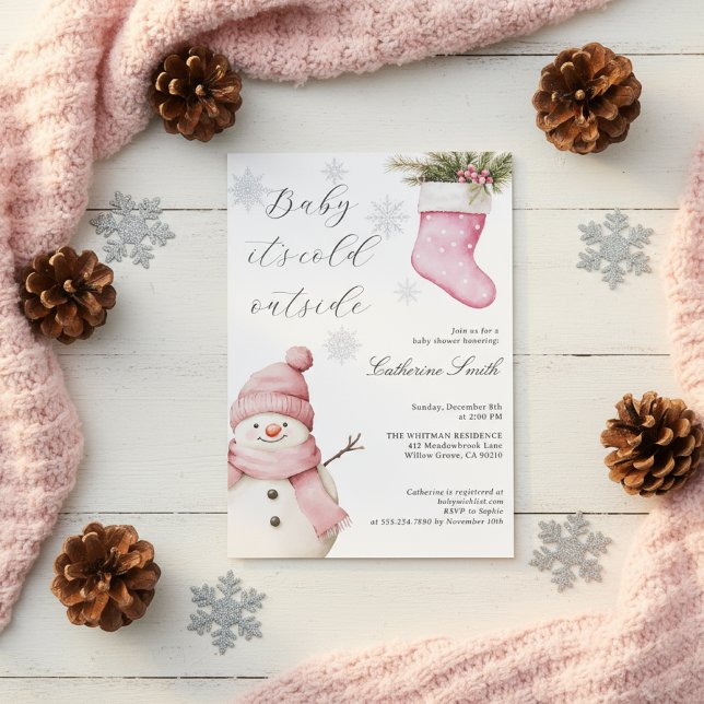 Pink Snowman “Baby It’s Cold Outside” Baby Shower Invitation (Creator Uploaded)