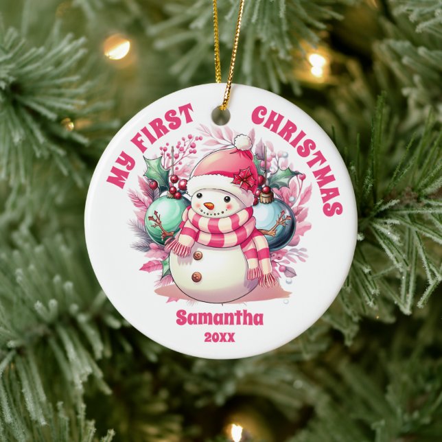 Pink Snowman Baby's First Christmas Ornament (Tree)