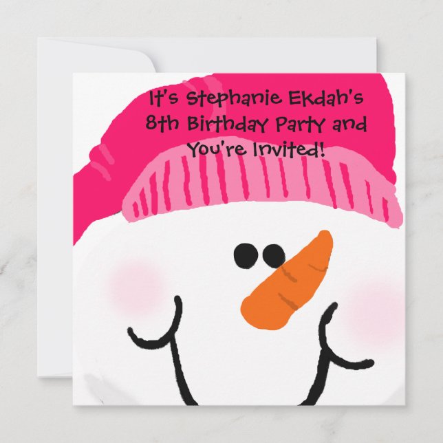 Pink Snowman Birthday Invitations (Front)