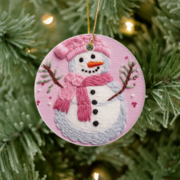  Pink Snowman  Ceramic Tree Decoration