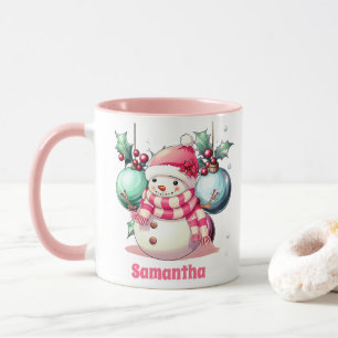 Pink Snowman Christmas Kids Hot Chocolate Mug