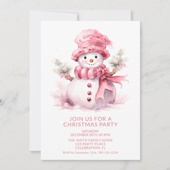 Pink Snowman Christmas Party Invitation (Front)