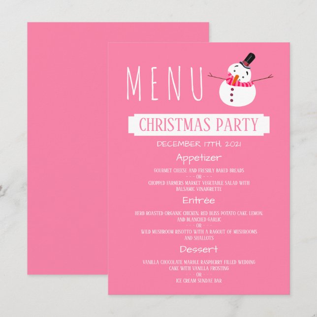 Pink Snowman, Christmas Party Menu Invitation (Front/Back)
