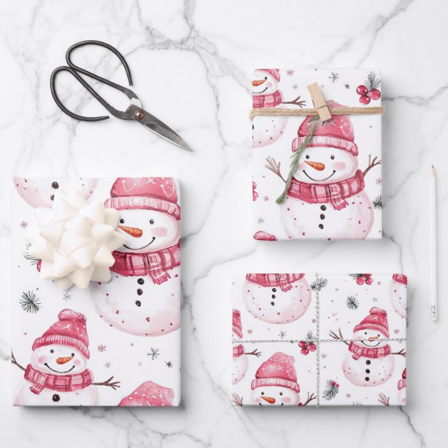Pink Snowman Christmas Wrapping Paper Sheet (Front)