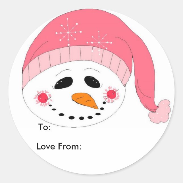 Pink Snowman Classic Round Sticker (Front)