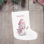 Pink snowman girl name small christmas stocking<br><div class="desc">White background with a pink snowman,  girl.   Personalise and add a name.</div>