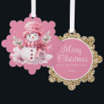 Pink Snowman Gold Merry Christmas Greeting Tree Decoration Card<br><div class="desc">Christmas ornament/greeting with a cute snowman wearing a pink hat and scarf  Personalise the back with your greeting and any other text you choose. Contact me for assistance with your customisations or to request additional matching or coordinating products.</div>