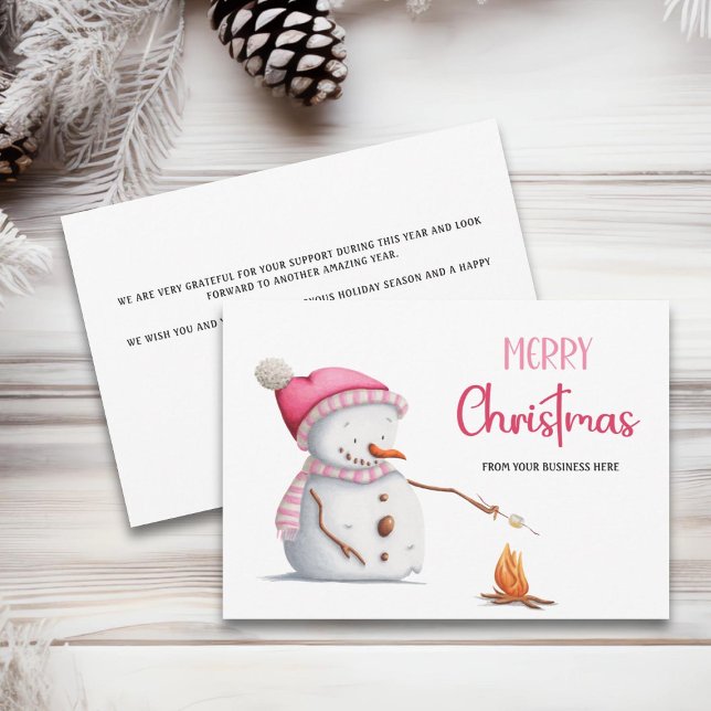 Pink Snowman Marshmallows Merry Christmas Business Holiday Card (Creator Uploaded)