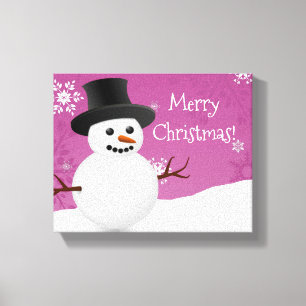 Pink Snowman Winter Scene Christmas Canvas Print