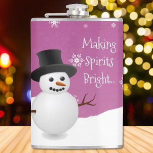 Pink Snowman Winter Scene Christmas Flask