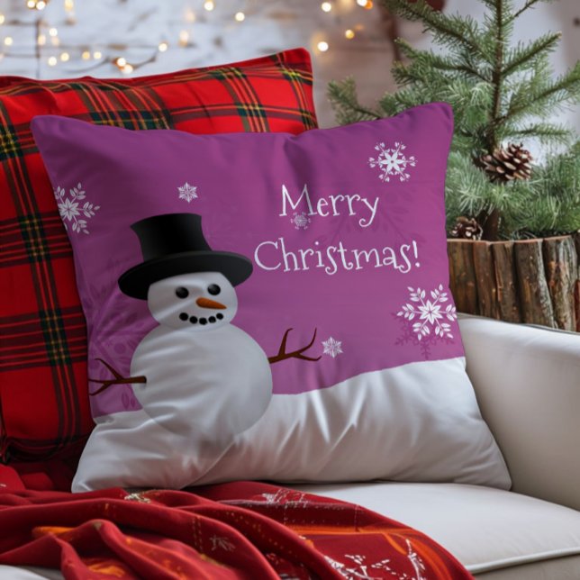 Pink Snowman Winter Scene Christmas Throw Pillow (Pink Snowman Winter Scene Christmas Throw Pillow)