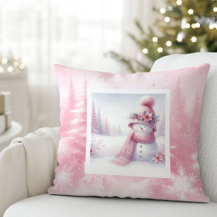 Pink Snowman Winter Scene Pinkmas Pillow Decor
