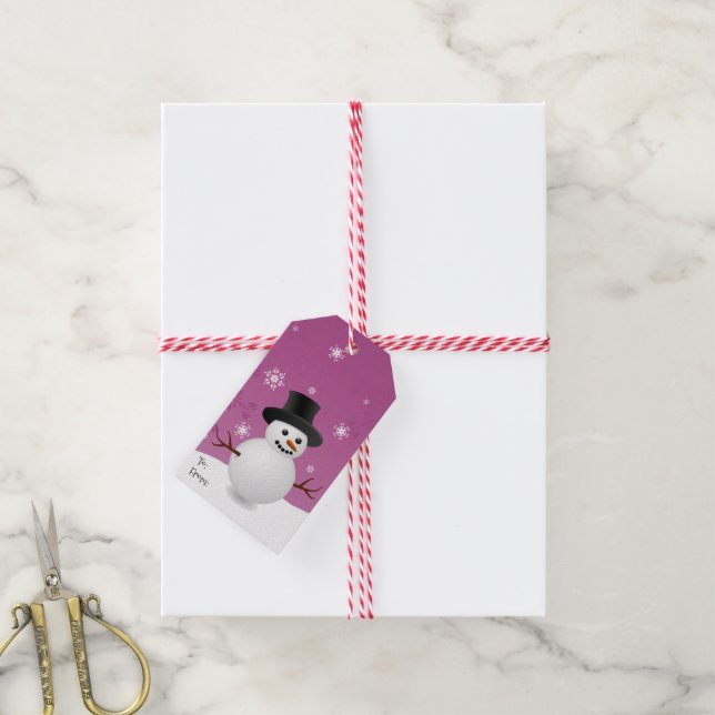 Pink Snowman Winter Scenery Christmas Gift Tag (With Twine)