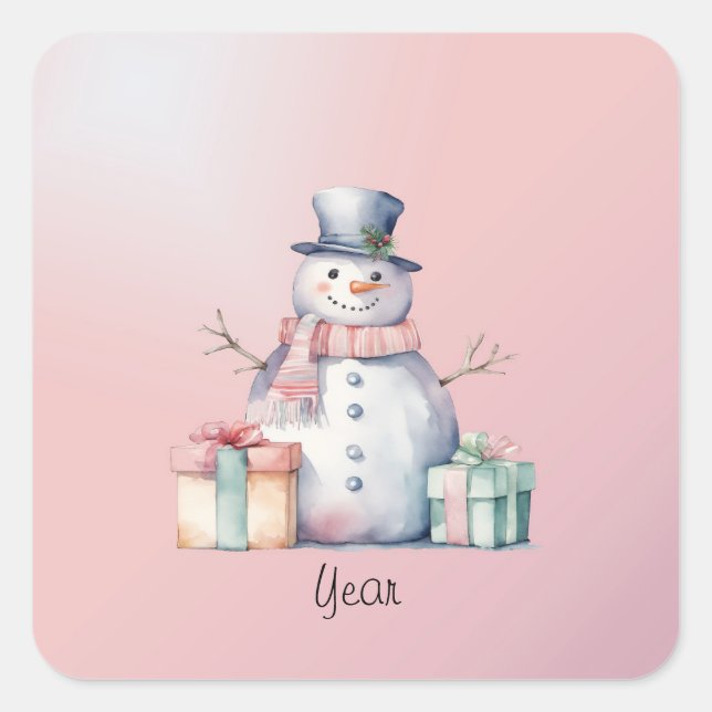 Pink Snowman with Packages Button Square Sticker (Front)