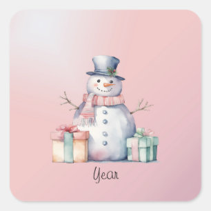 Pink Snowman with Packages Button Square Sticker