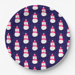 Pink Snowman with Snow Flurry  Paper Plate