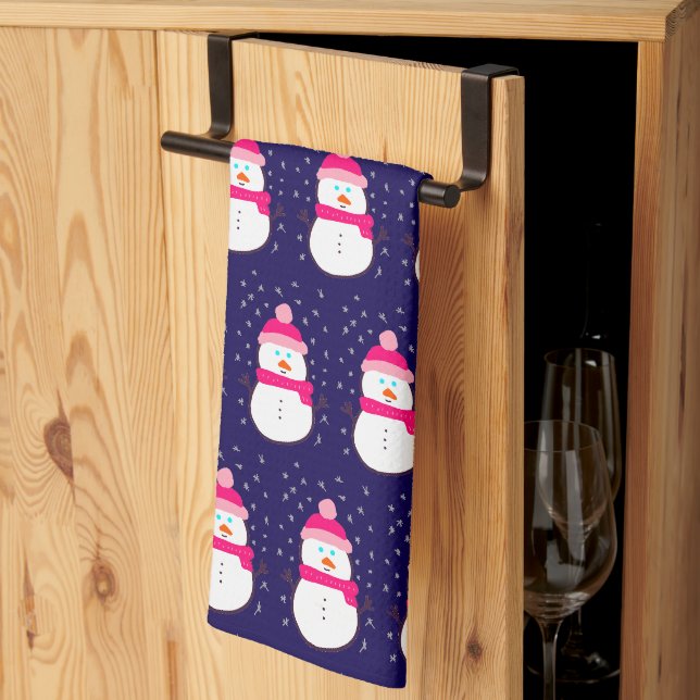 Pink Snowman with Snow Flurry  Tea Towel (Thirds Fold)