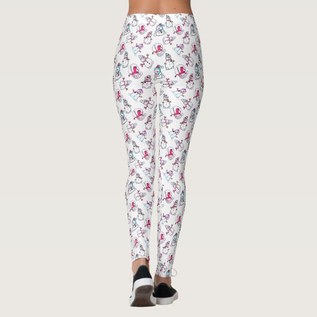 Pink Snowmen Pattern | White Christmas Leggings (Back)