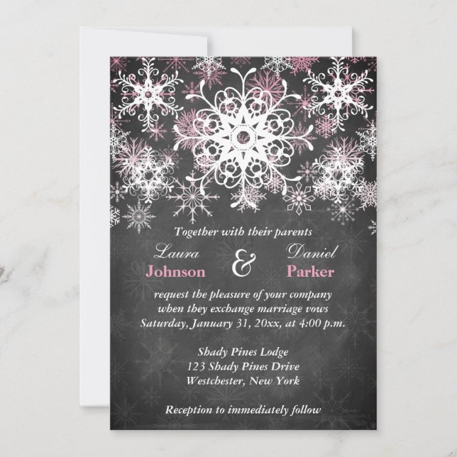 Pink Snowy Chalkboard Style Wedding Invitation (Front)