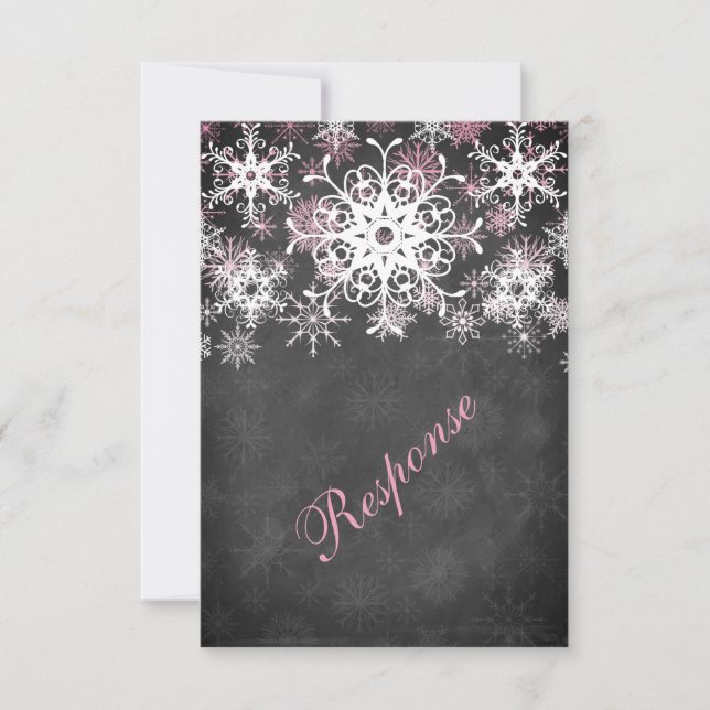 Pink Snowy Chalkboard Style Wedding RSVP Card (Front)