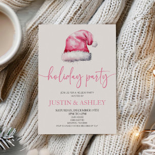 Pink Snowy Santa Hat Christmas Holiday Party Invitation