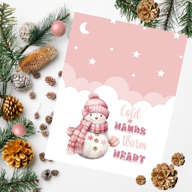 Pink Snowy Warmth 'Cold Hands Warm Heart' Snowman Holiday Card (Creator Uploaded)