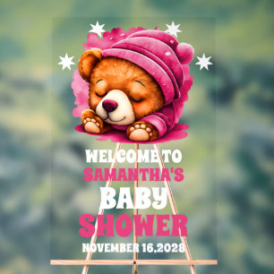 Pink Snuggle Teddy Bear Girl Baby Shower Welcome Acrylic Sign