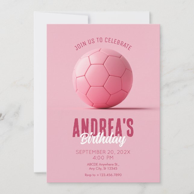Pink soccer ball birthday invitation (Front)