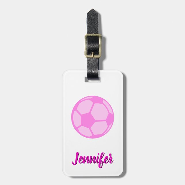 Pink Soccer Ball Custom Name Luggage Tag (Front Vertical)