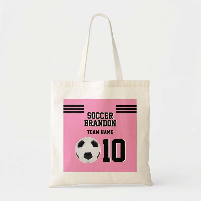 Pink soccer ball for girls team and coach tote bag (Front)