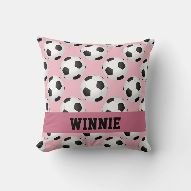 Pink Soccer Ball Pattern Sports Personalised Name Cushion (Front)