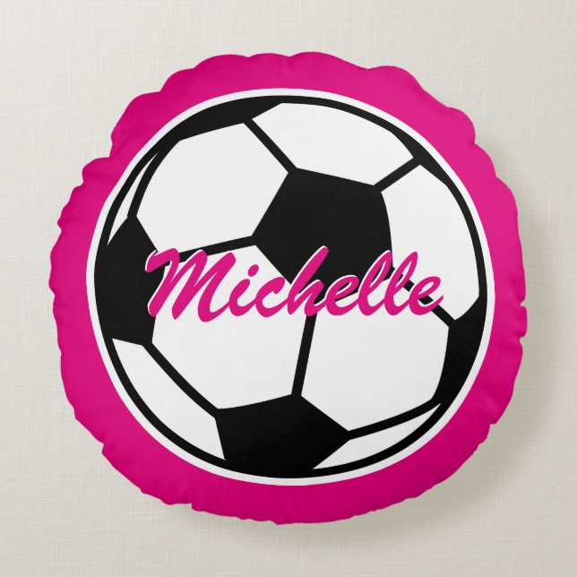 Pink soccer ball throw pillow for girls bedroom (Front)