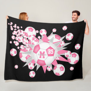 pink soccer balls stars girls sports decor fleece blanket