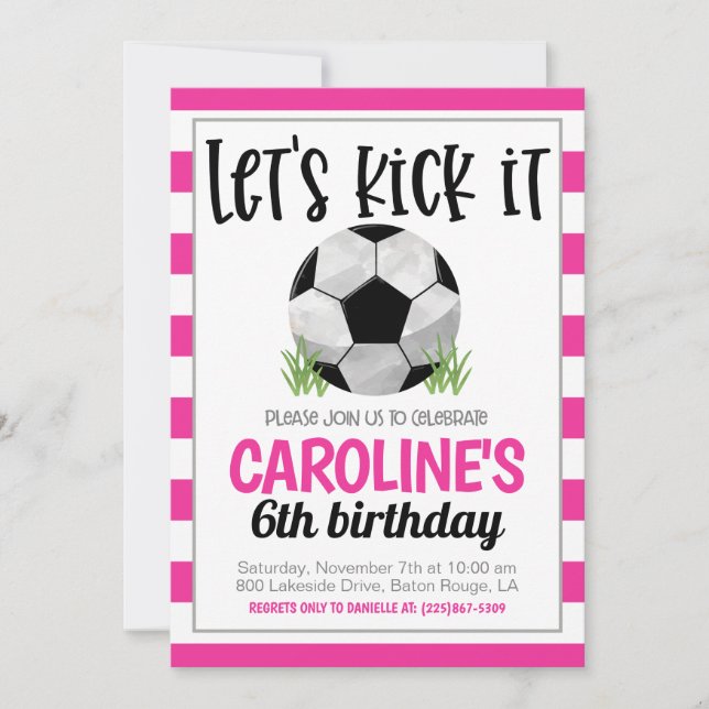 Pink Soccer Birthday Invitation (Front)