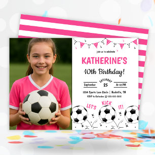 Pink Soccer Birthday Party Photo Invitation