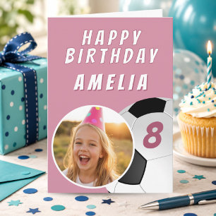 Pink Soccer Football Ball Photo Girl Birthday Card