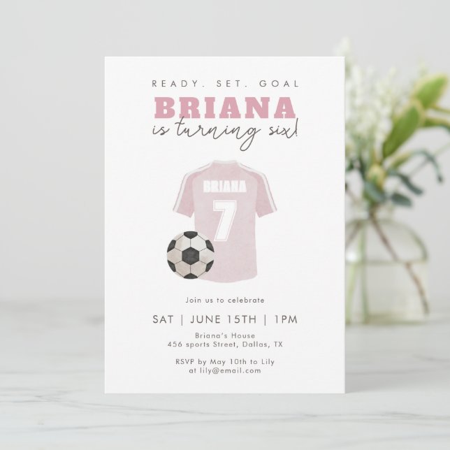 Pink Soccer Jersey Girls 7th Birthday Party Sports Invitation (Standing Front)