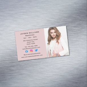 Pink Social Media Beautician Cosmetologist Photo Magnetic Business Card